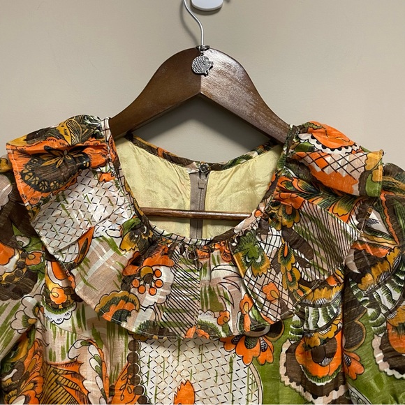 Vintage 70s Orange & Brown Floral Ruffle Neck Maxi Dress Approx Women XS - Picture 2 of 16